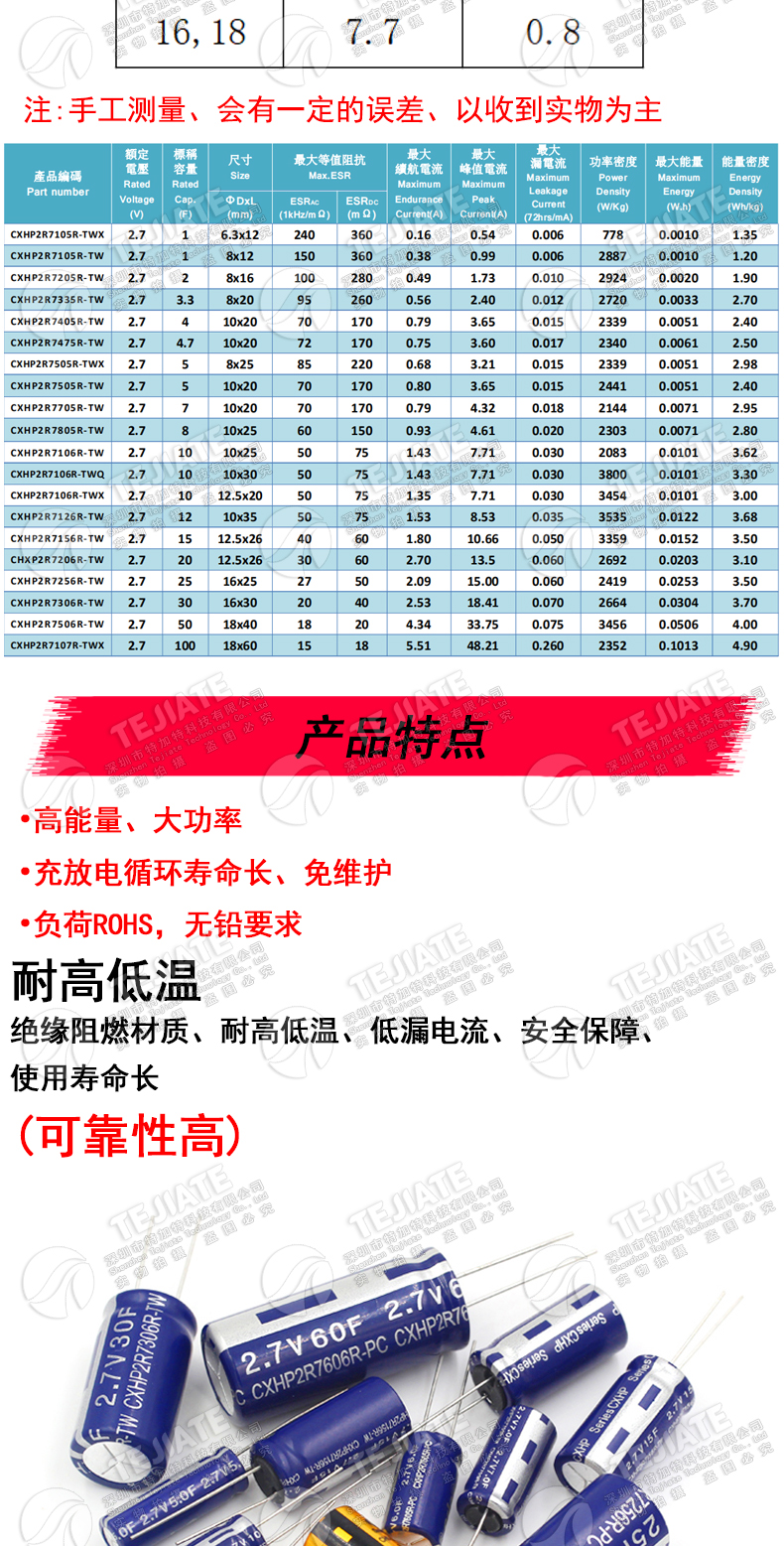 法拉电容2.7V 1/3.3/4.7/5/10/20/30/60F R型 行车记录仪专用电容