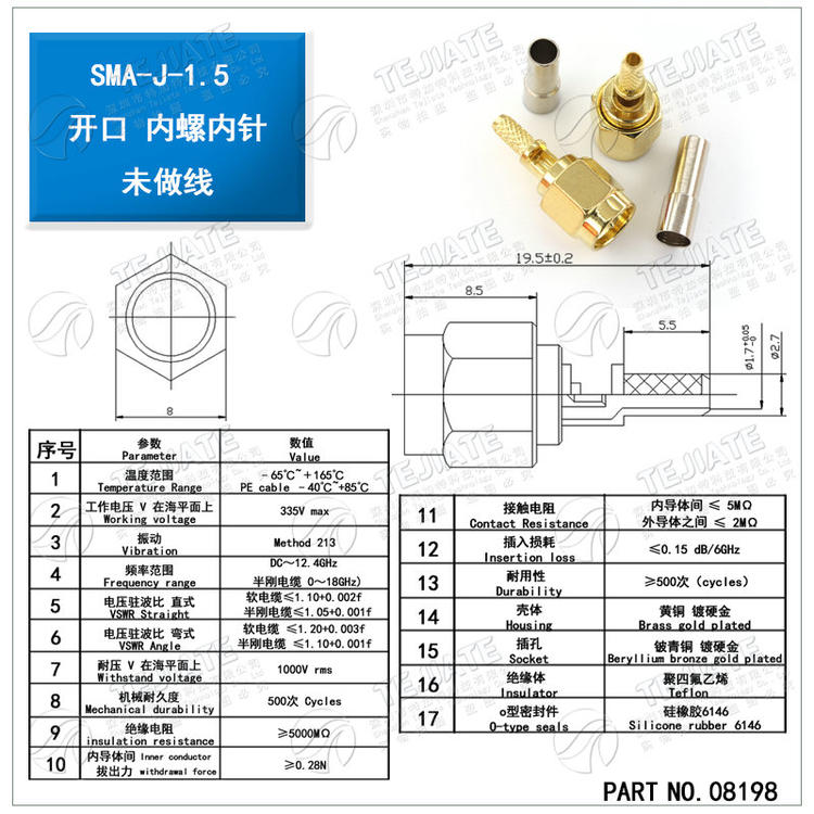 RP-SMA-KY/J 分体开窗式 外螺内针/孔 反极 RG178连接线焊接接头