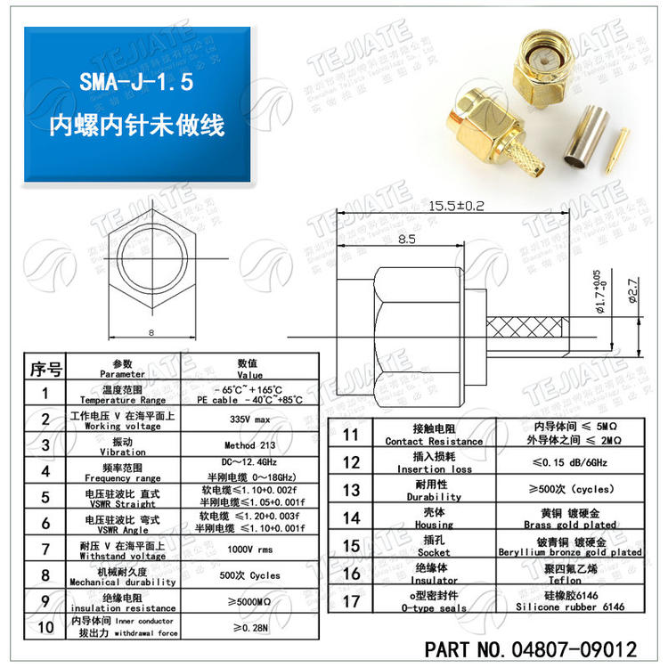 RP-SMA-KY/J 分体开窗式 外螺内针/孔 反极 RG178连接线焊接接头