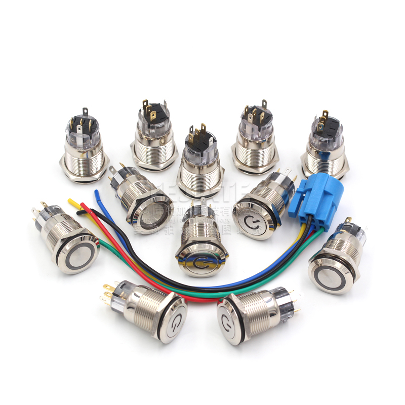 24V 19MM 平头12V 自复位 自锁 金属按钮开关 电源点动开关 防水 