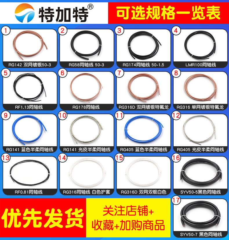 RG142 RG58 RG316/174 RF1.13 SYV50-5-7射频同轴线屏蔽线镀银线