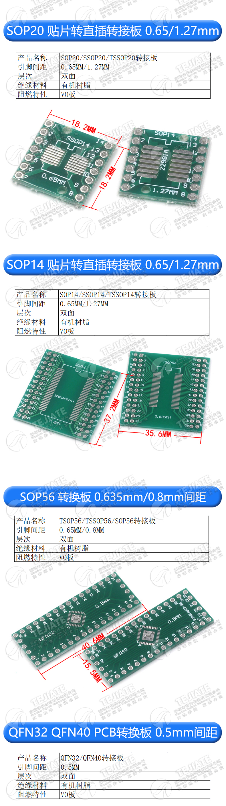 SOP转接板 SOP8 SOP10 SOP16 SOP28 TQFP QFN56/64 IC测试板PCB板