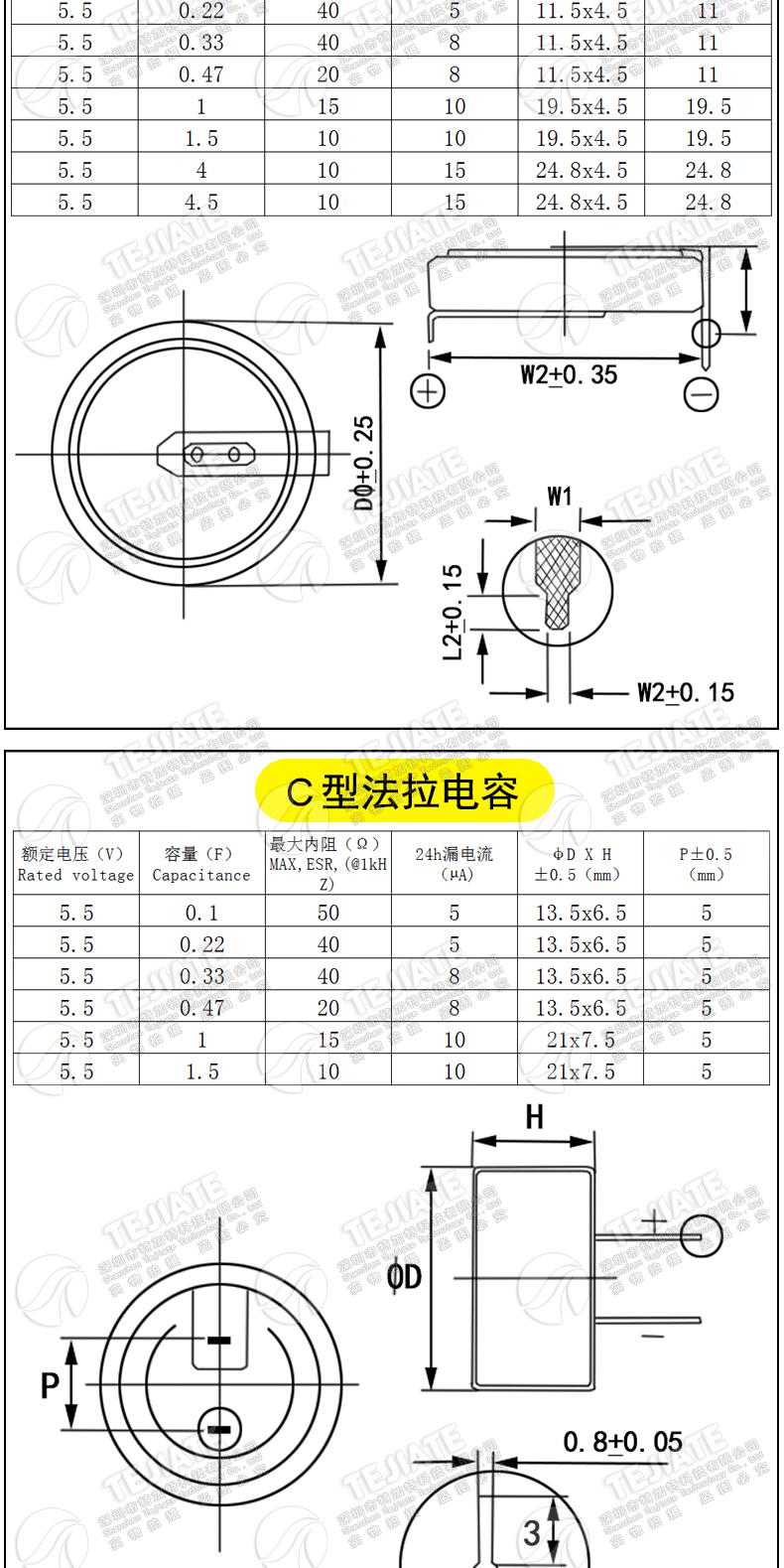 法拉电容5.5v 0.1/0.33/0.47/1.5/1.0/4.0/5.0/F C/V/H型双层电容