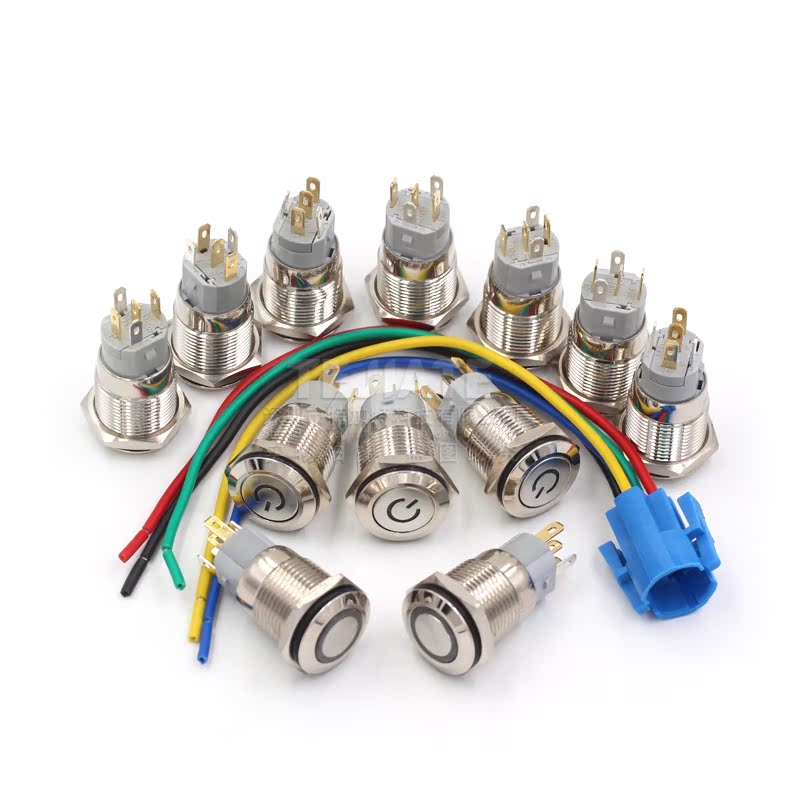 12V/24V 16MM 环形 自复位 自锁 金属按钮开关 电源点动开关 防水 