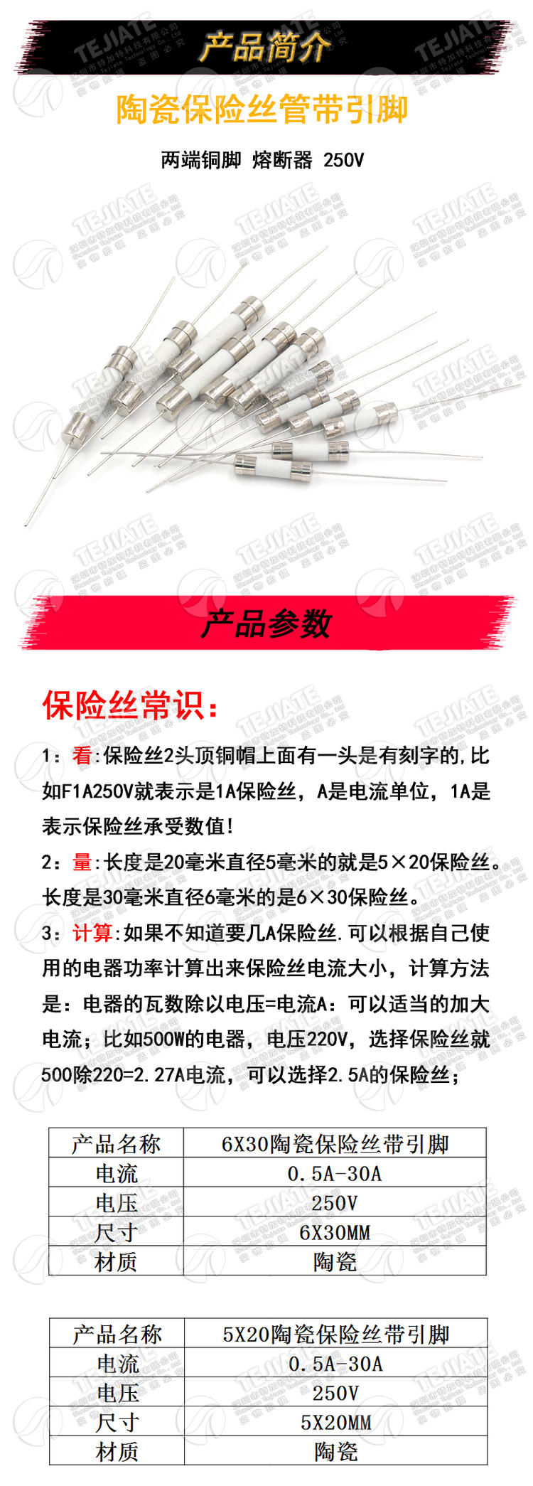 带引脚陶瓷保险丝 5*20/6*30MM 熔断器 250V 1A2A3A5A8A10A-30A