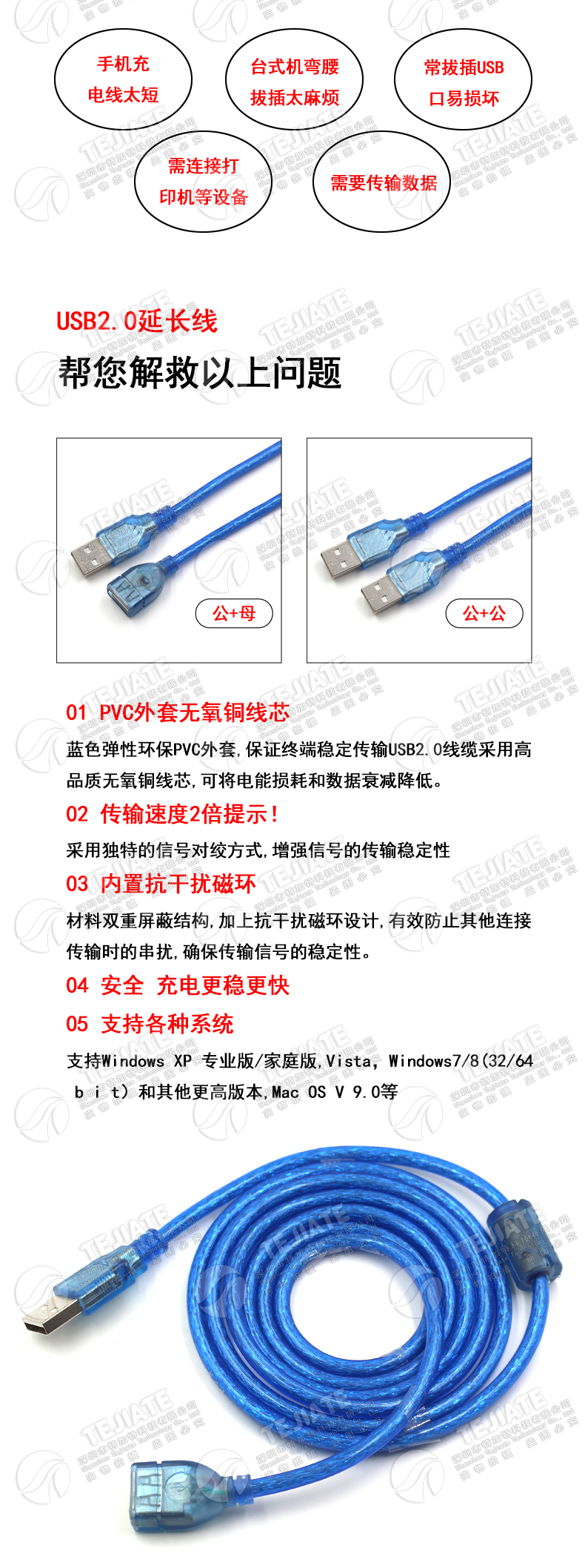 USB数据延长线公对母公对公0.5M/1M/1.5M/3M/5米 电脑U盘键盘鼠标打印机传输加长连接线usb灯风扇充电连接器