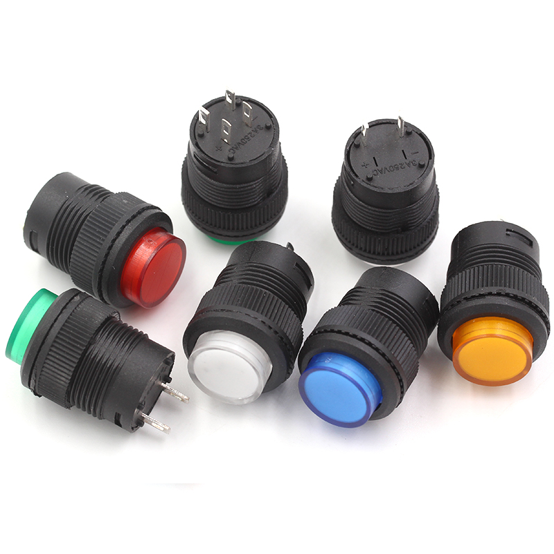 R16-503按键按钮开关 带灯点动复位自锁开关圆型红绿色4脚2脚16MM TEJIATE/特加特