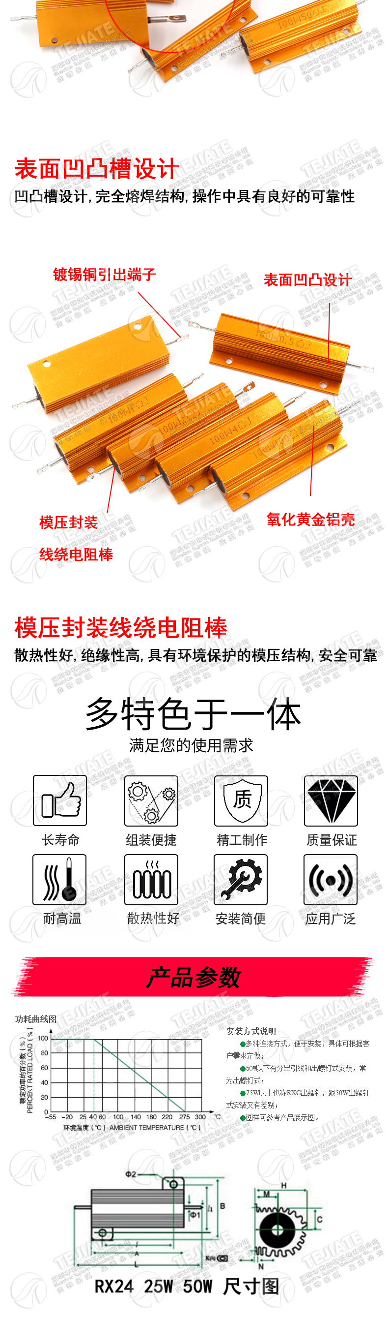 黄金铝壳大功率电阻器RX24-100W 1 2 3 5 10 20 50 100 R欧10K 1K
