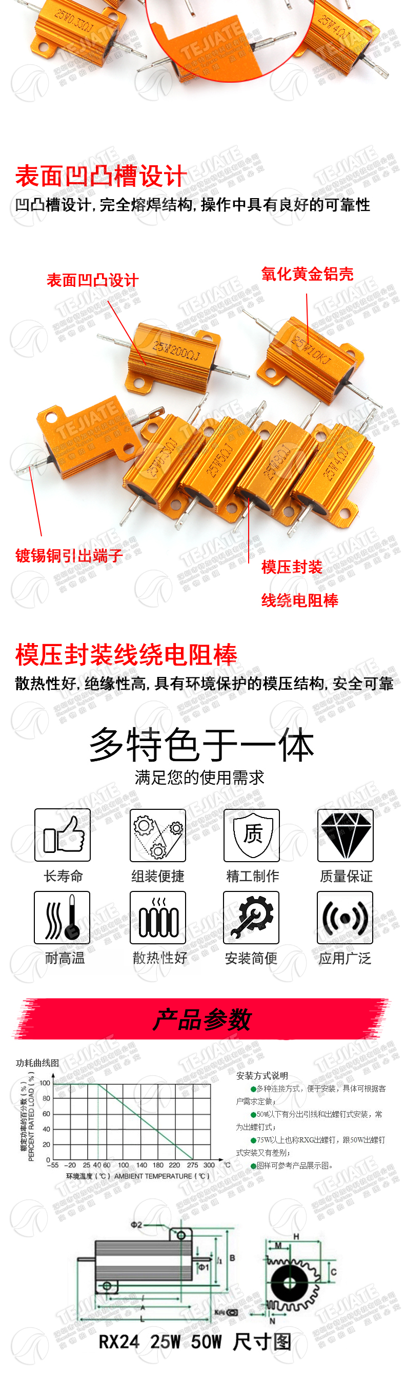 黄金铝壳大功率电阻器RX24-25W 1 2 3 5 10 20 50 100 R欧10K 1K