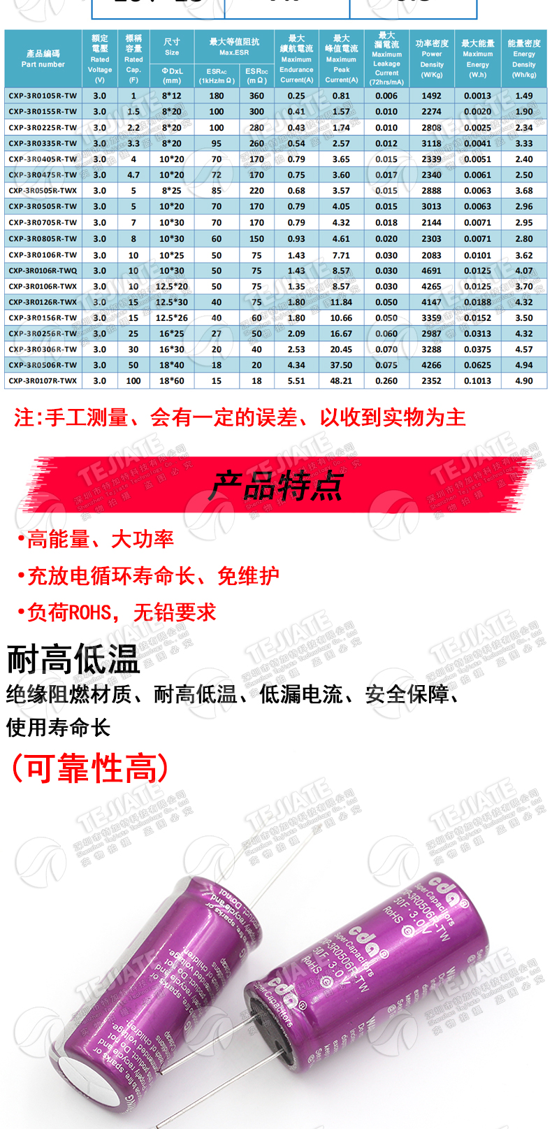 法拉电容 3V 1F/3.3F/10F/20/25F/60F 储备电源电容 行车记录仪用