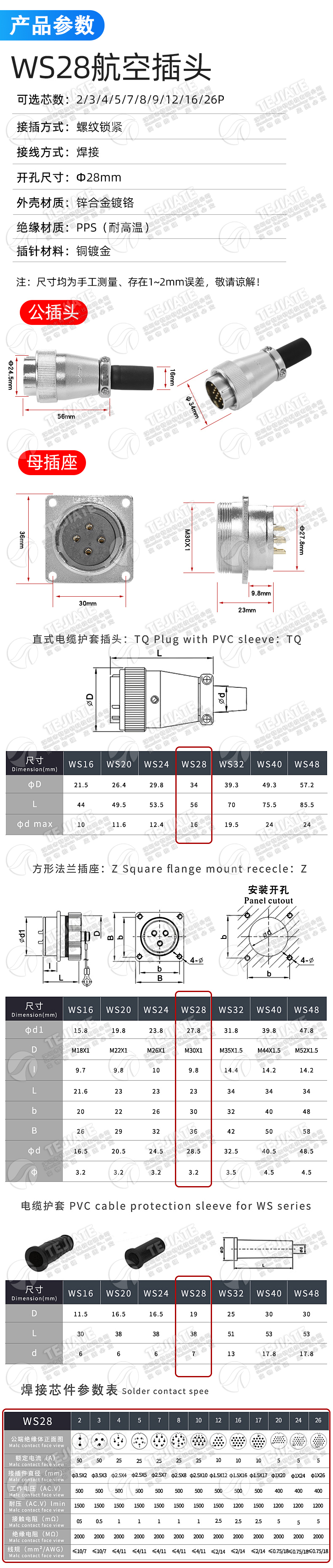 航空插头插座WS16 20 28-2/3/4/5/7/9/12/26芯接头工业连接器反装