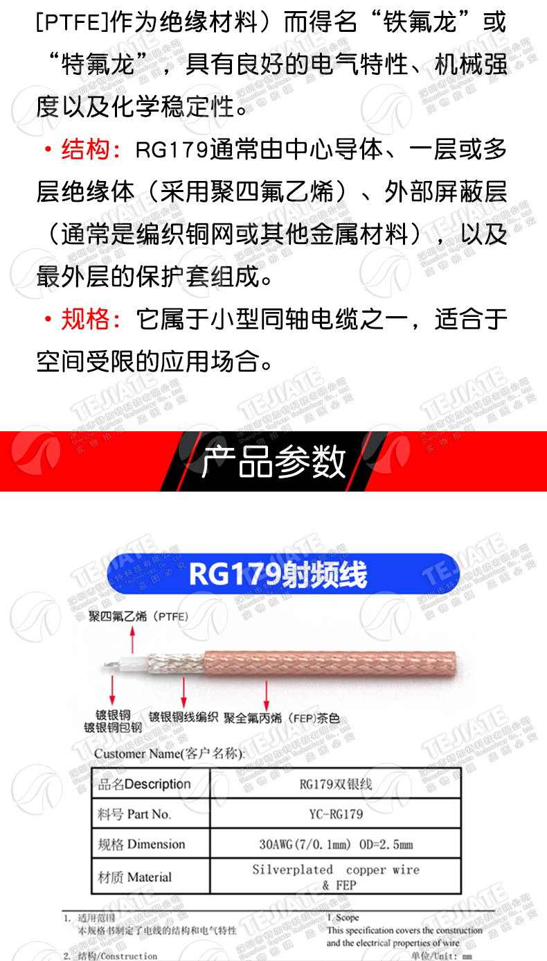 RG179线 75欧姆铁氟龙耐高温 同轴电缆 SFF-75-1.5-1 RG179镀银线