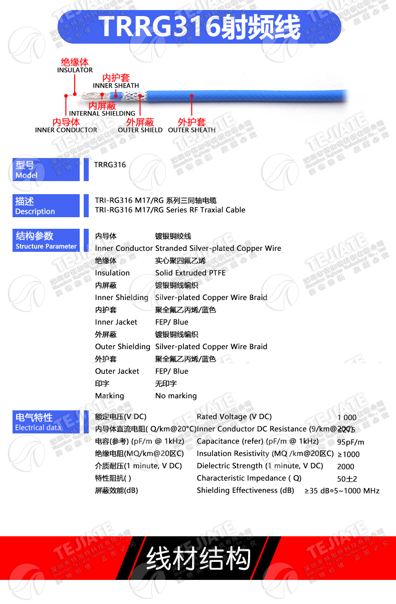 TRRG316蓝色护套镀银线 TRB专用线缆三同轴双层屏蔽射频同轴线