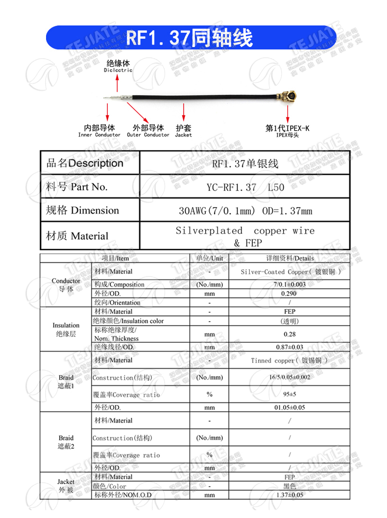 IPEX转SMP IPX-K/SMP-J RF射频测试线1.37 RG178镀银线 UF.L转SMP